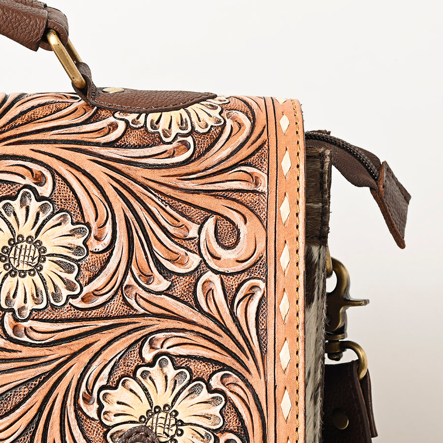 American Darling Hand Tooled Floral Carved Briefcase Hair-On Cowhide Vegetable-Tanned Genuine Leather Buck Stitched YKK Zipper