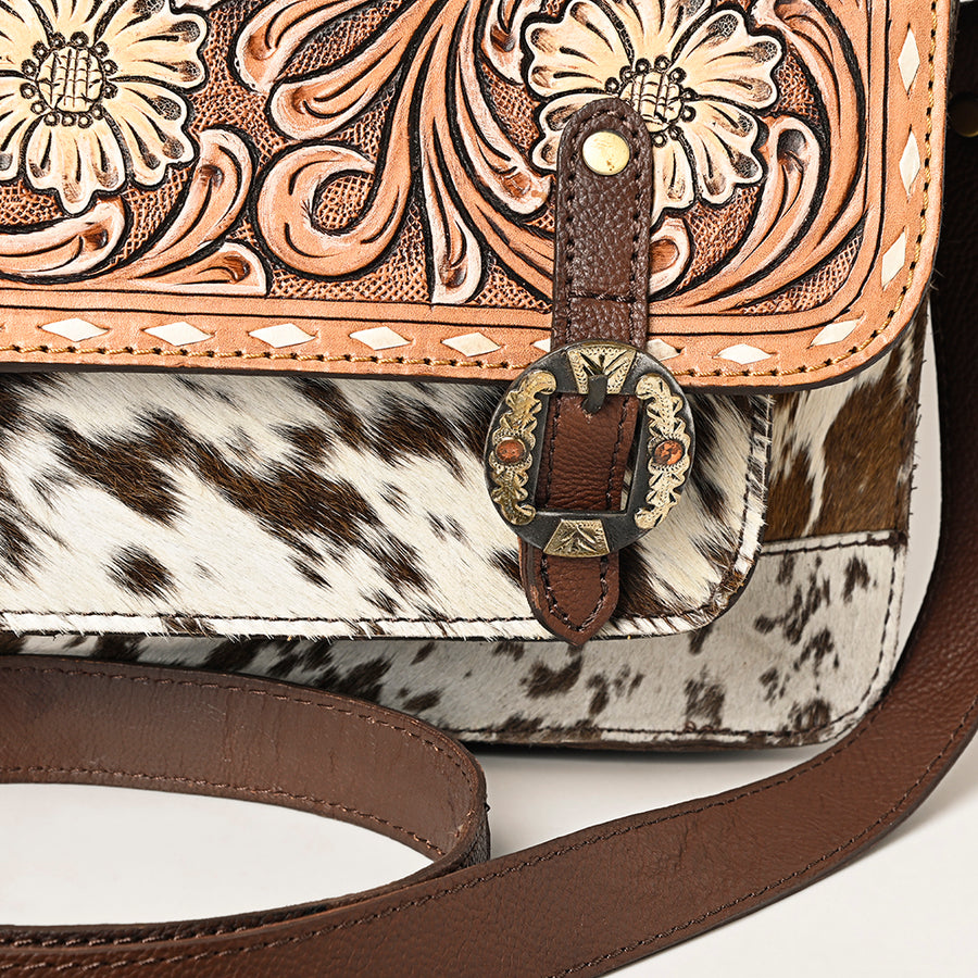American Darling Hand Tooled Floral Carved Briefcase Hair-On Cowhide Vegetable-Tanned Genuine Leather Buck Stitched YKK Zipper