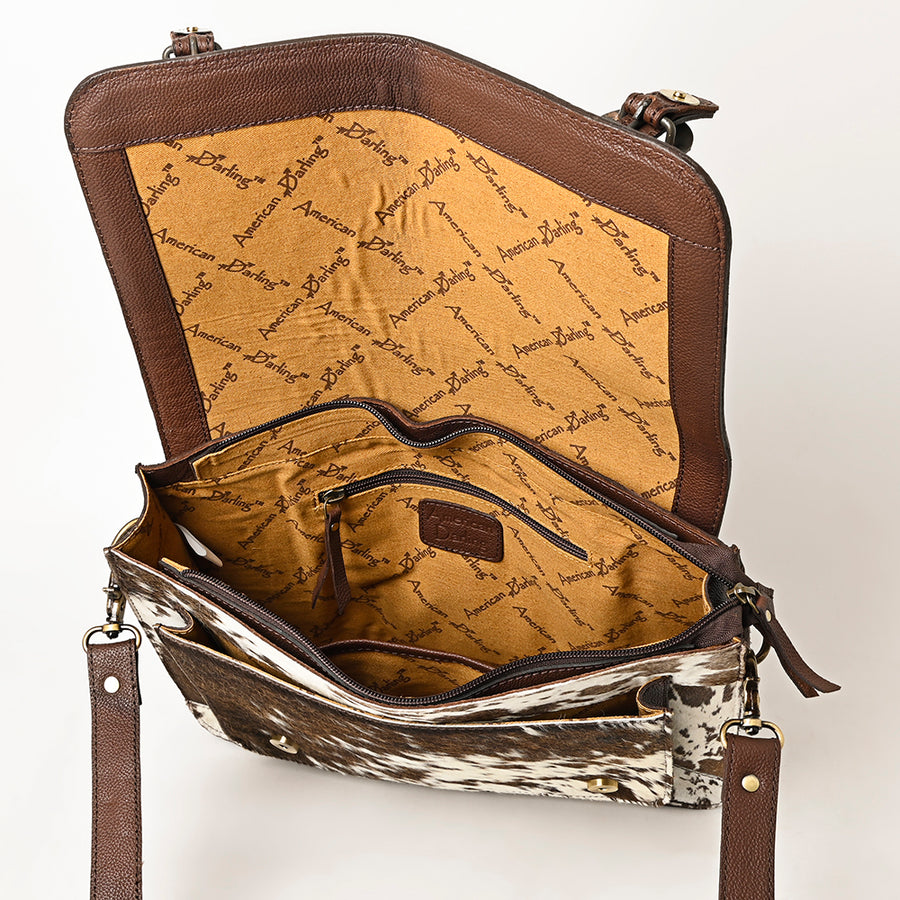 American Darling Hand Tooled Floral Carved Briefcase Hair-On Cowhide Vegetable-Tanned Genuine Leather Buck Stitched YKK Zipper