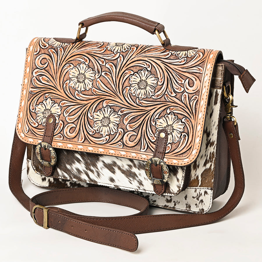 American Darling Hand Tooled Hair-On Cowhide Genuine Leather Briefcase - Uhorse