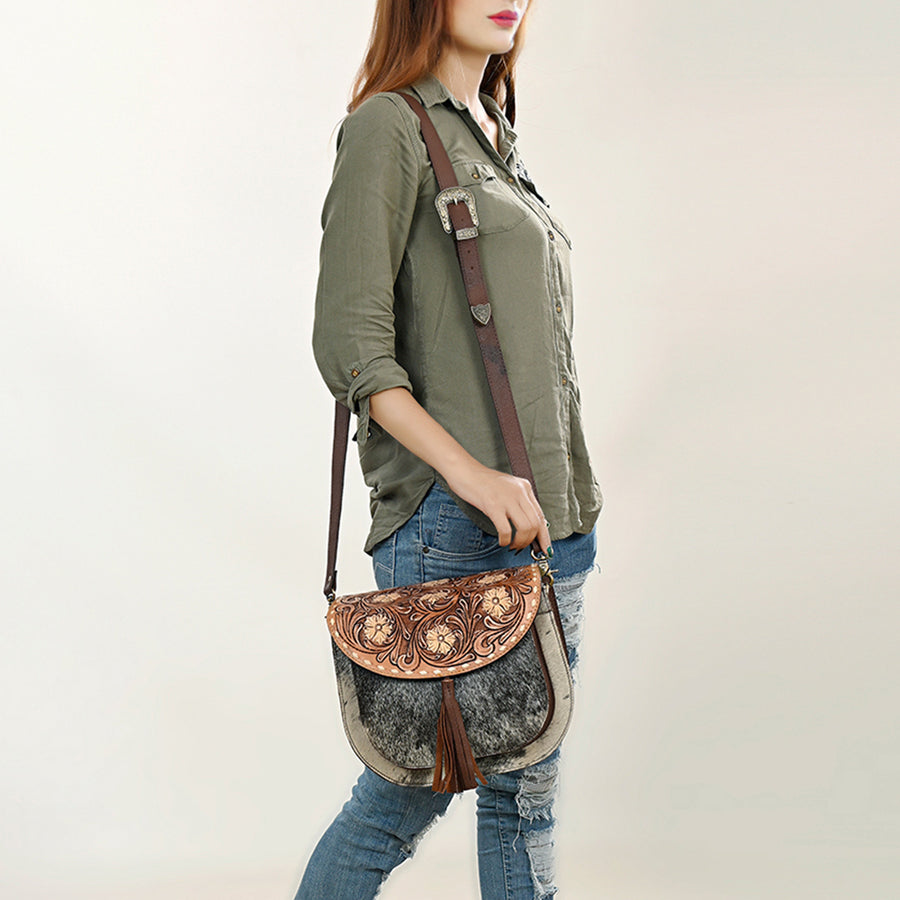 American Darling Hand Tooled Floral Carved Cross body Bag Hair-On Cowhide Tassels Buck Stitched Vegetable-Tanned Genuine Leather