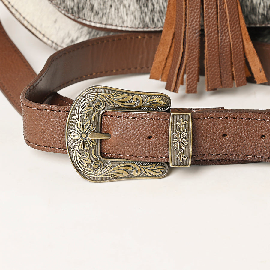 American Darling Hand Tooled Floral Carved Cross body Bag Hair-On Cowhide Tassels Buck Stitched Vegetable-Tanned Genuine Leather
