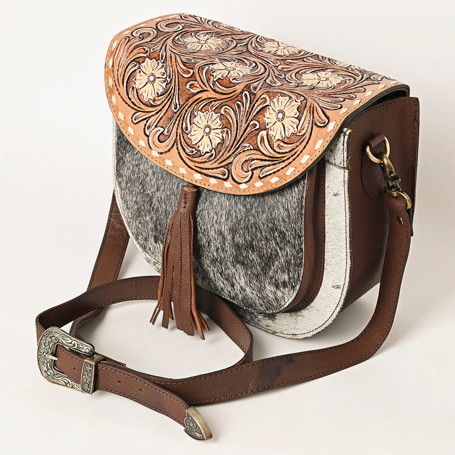 American Darling Hand Tooled Floral Carved Cross body Bag Hair-On Cowhide Tassels Buck Stitched Vegetable-Tanned Genuine Leather