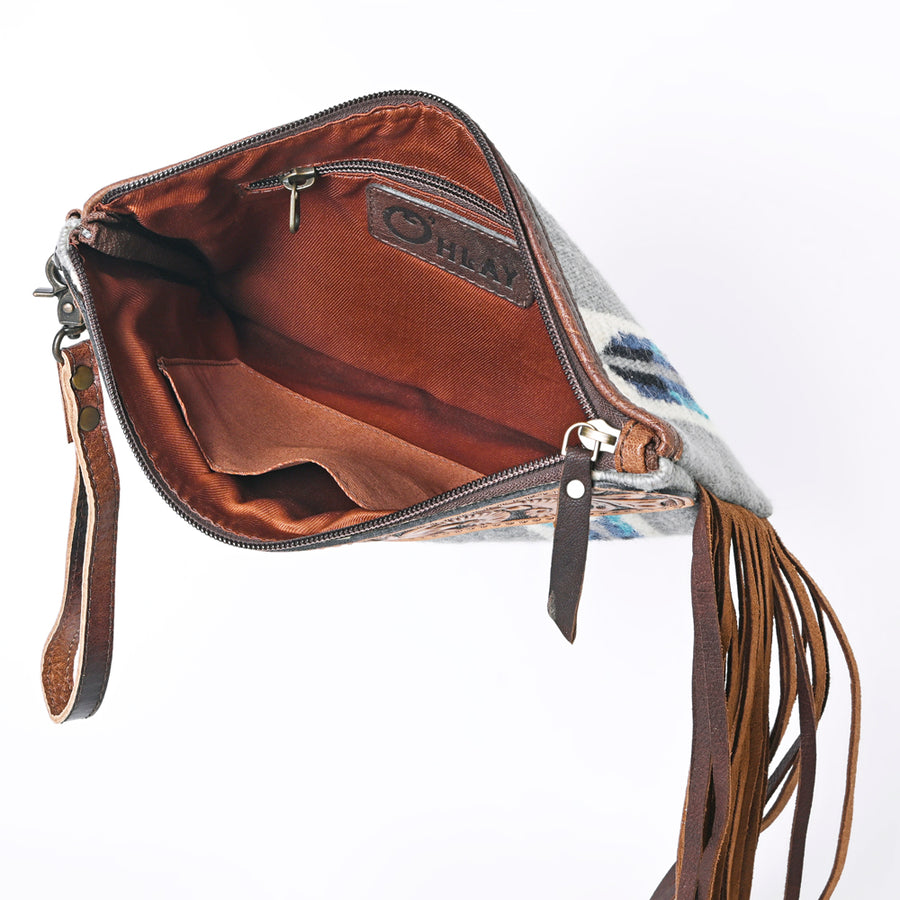 OHLAY WRISTLET Hand Tooled Upcycled Wool Genuine Leather women bag western handbag purse