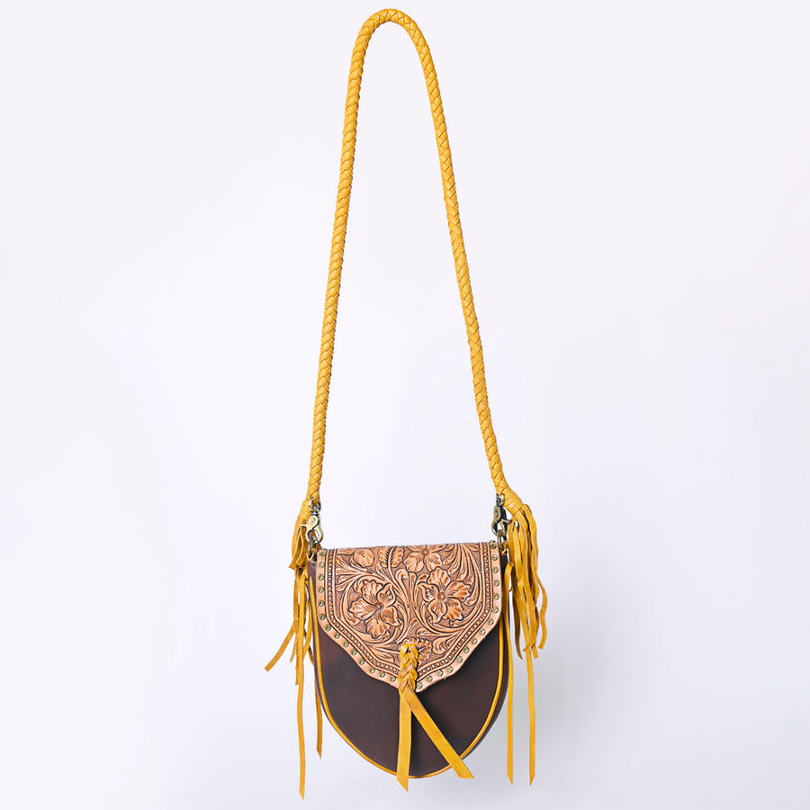 American Darling Cross body Bag Western Hand Tooled Floral Carved Genuine Leather Purse with Fringes and Braided Detail