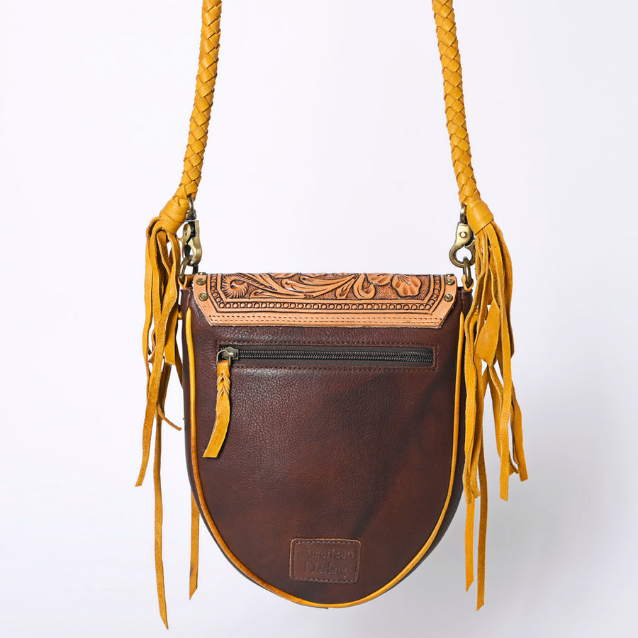 American Darling Cross body Bag Western Hand Tooled Floral Carved Genuine Leather Purse with Fringes and Braided Detail