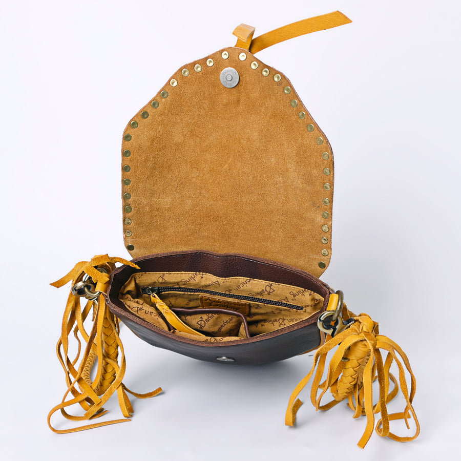 American Darling Cross body Bag Western Hand Tooled Floral Carved Genuine Leather Purse with Fringes and Braided Detail