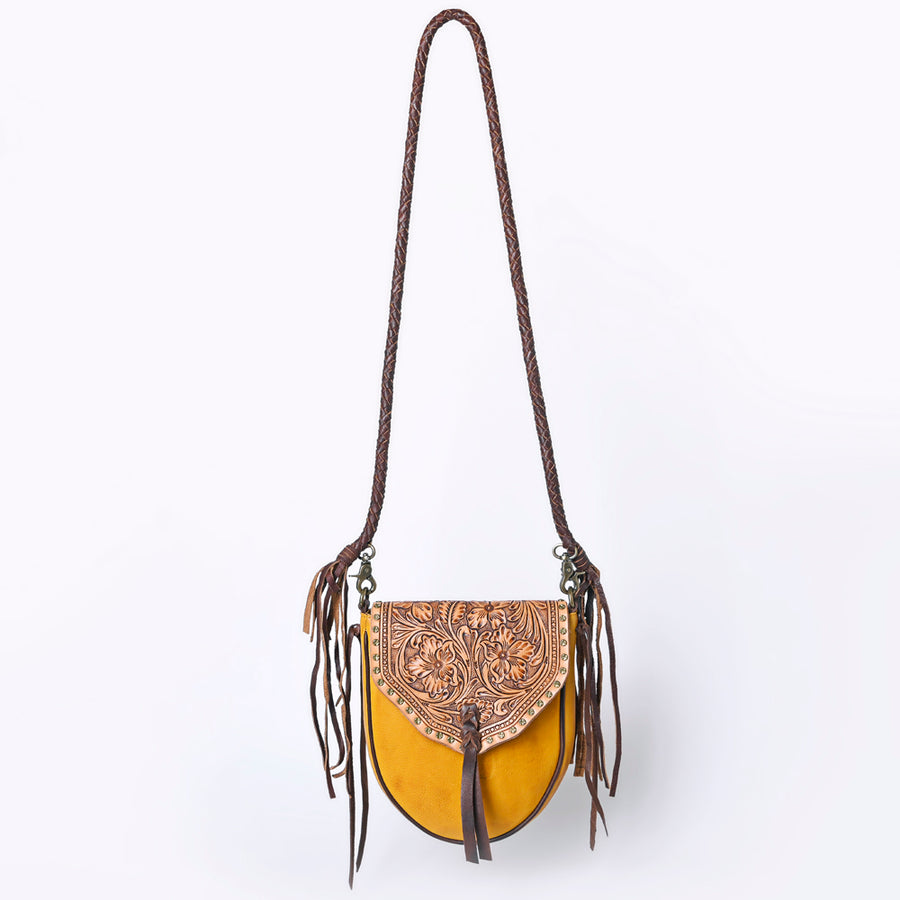 American Darling Cross body Bag Western Hand Tooled Floral Carved Genuine Leather Purse with Fringes and Braided Detail