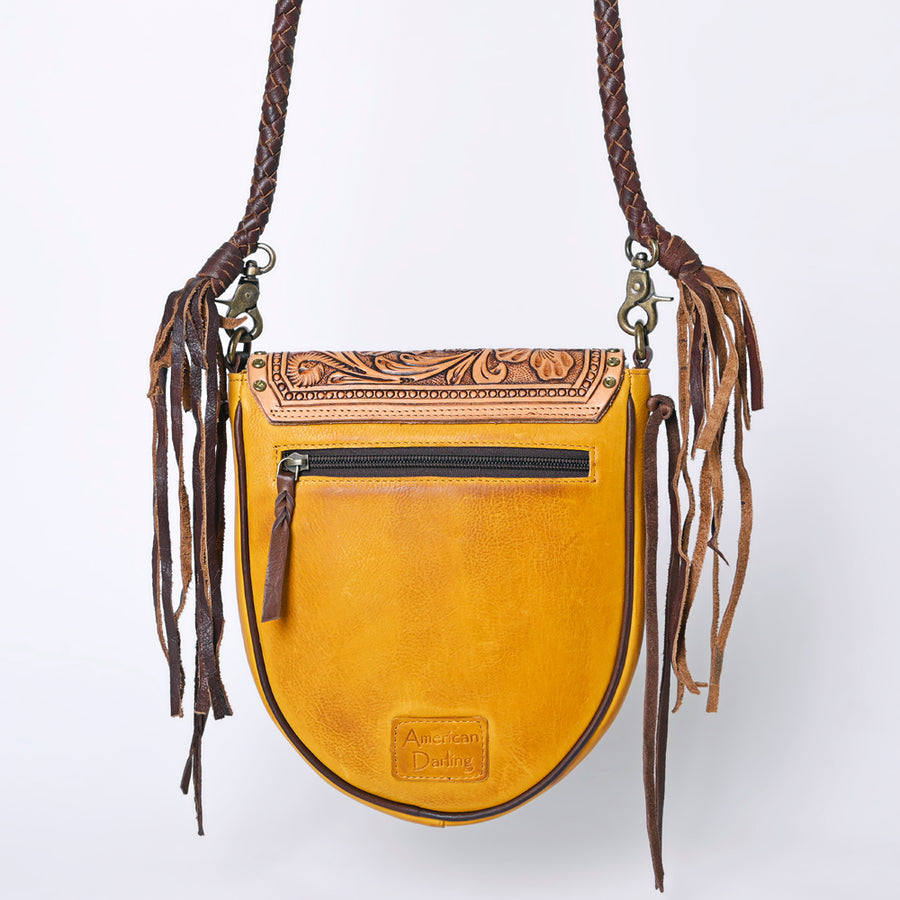 American Darling Cross body Bag Western Hand Tooled Floral Carved Genuine Leather Purse with Fringes and Braided Detail