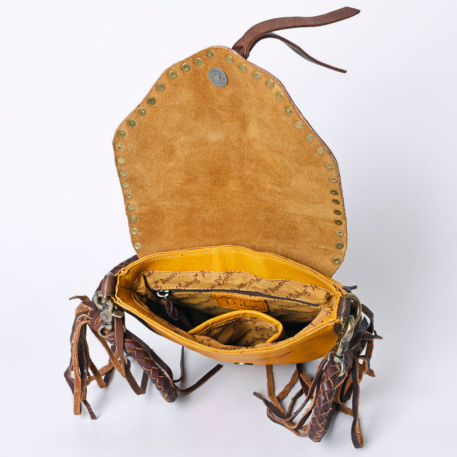 American Darling Cross body Bag Western Hand Tooled Floral Carved Genuine Leather Purse with Fringes and Braided Detail
