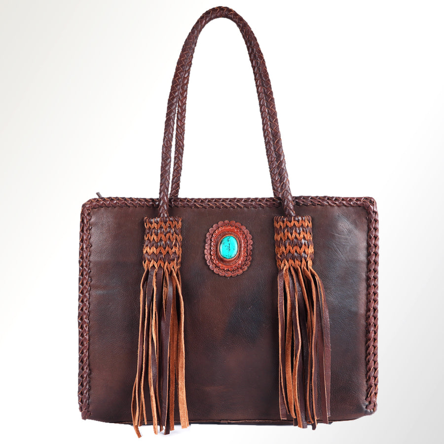 American Darling Tote Bag Western Genuine Leather Handcrafted Bag with Turquoise Stone, Fringes and Braided Edges