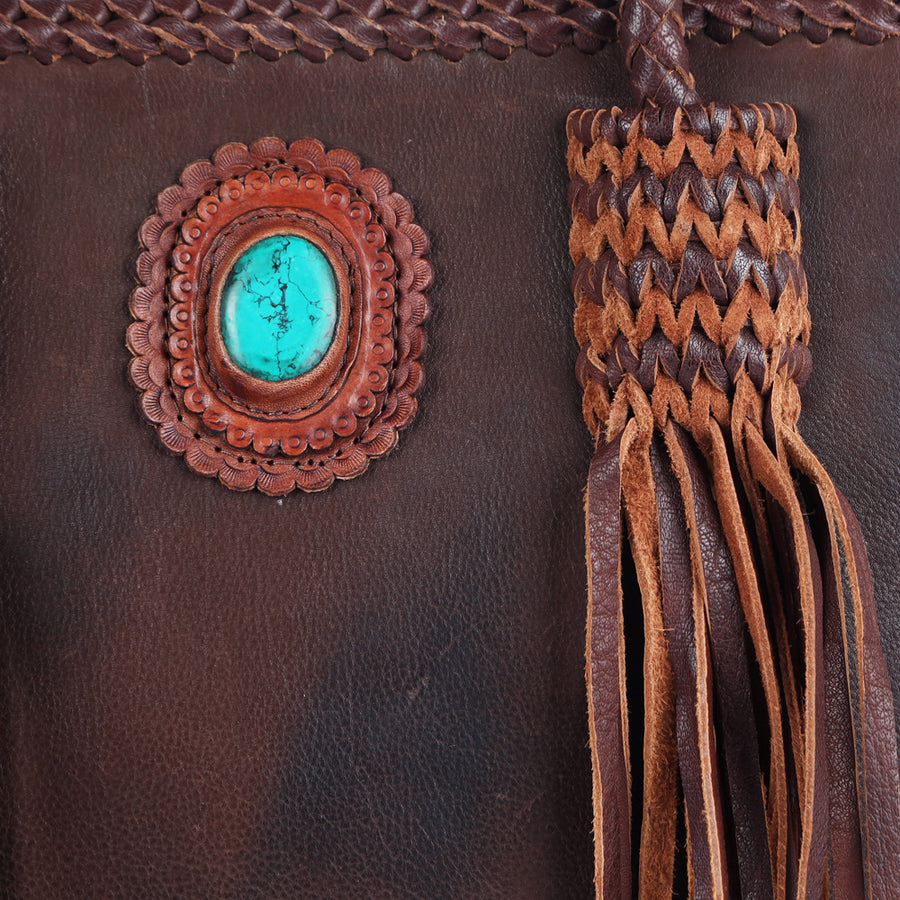 American Darling Tote Bag Western Genuine Leather Handcrafted Bag with Turquoise Stone, Fringes and Braided Edges