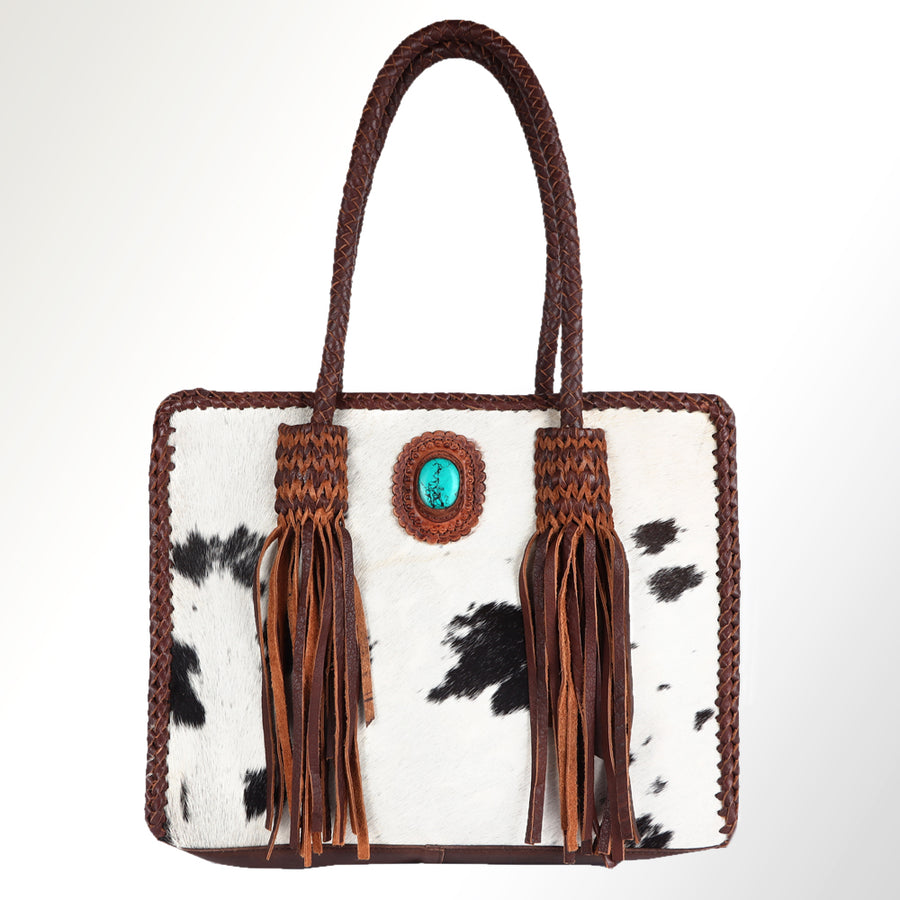 American Darling Tote Bag Western Genuine Leather Handcrafted Bag with Turquoise Stone, Fringes and Braided Edges