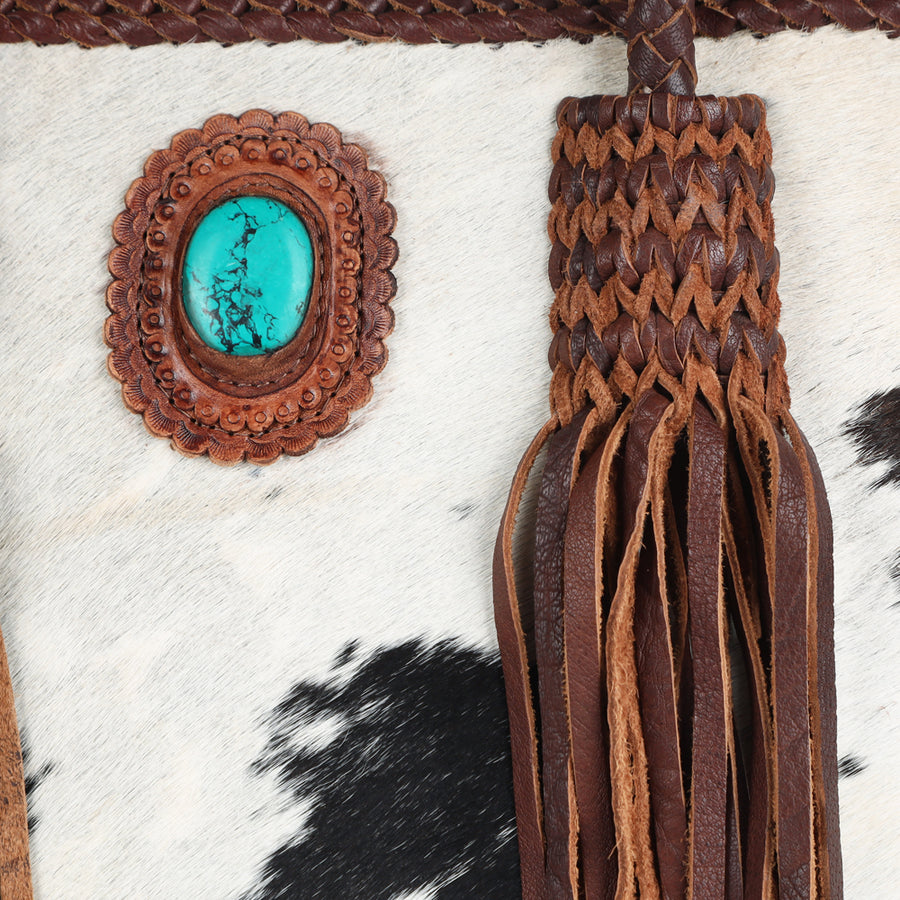 American Darling Tote Bag Western Genuine Leather Handcrafted Bag with Turquoise Stone, Fringes and Braided Edges