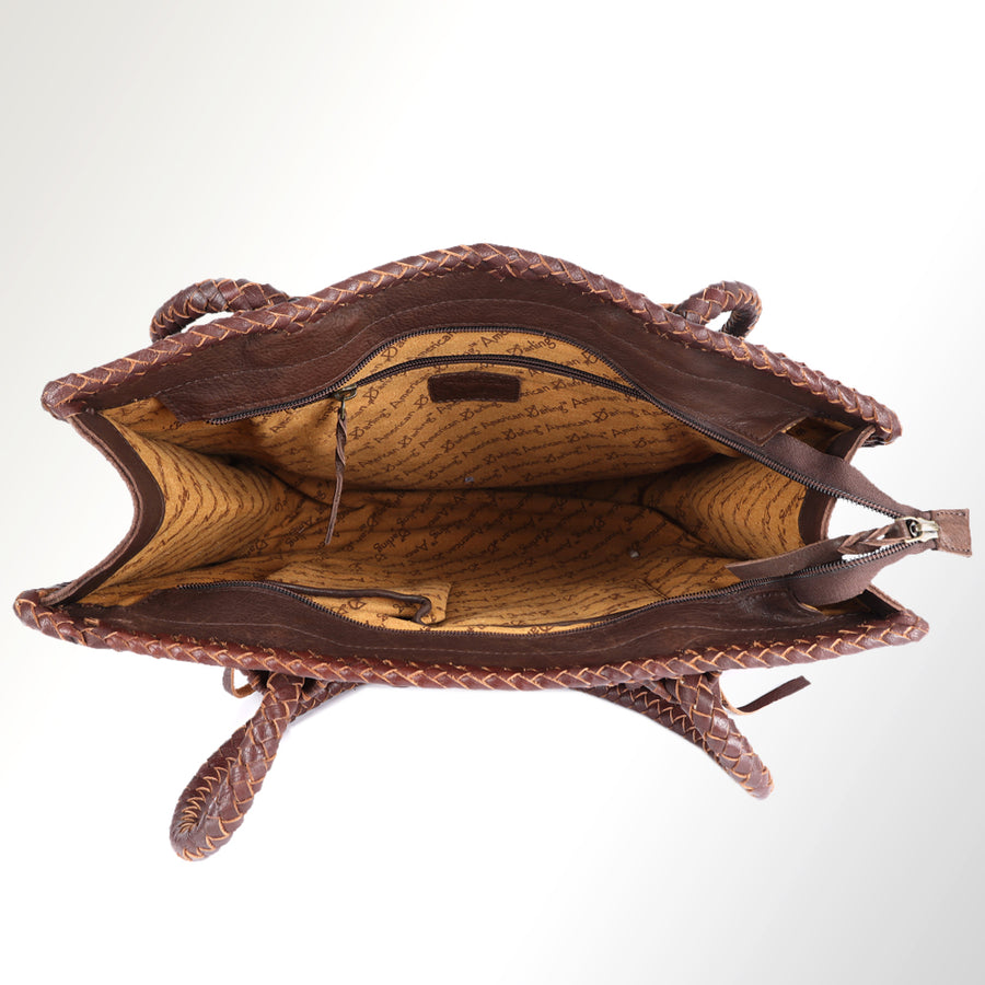American Darling Tote Bag Western Genuine Leather Handcrafted Bag with Turquoise Stone, Fringes and Braided Edges