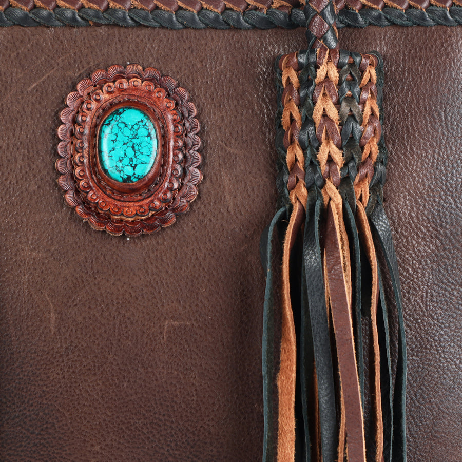 American Darling Tote Bag Western Genuine Leather Handcrafted Bag with Turquoise Stone, Fringes and Braided Edges