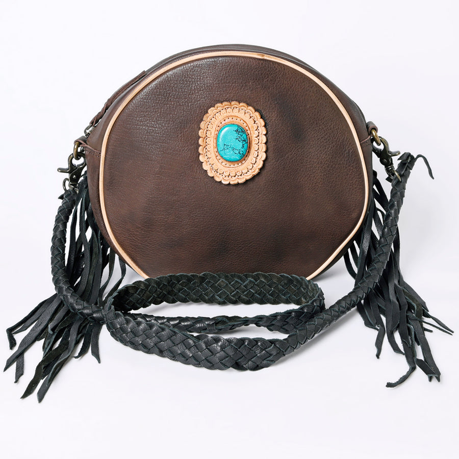 American Darling Canteen Bag Western Genuine Leather Handcrafted Round Purse with Fringes and Turquoise Stone