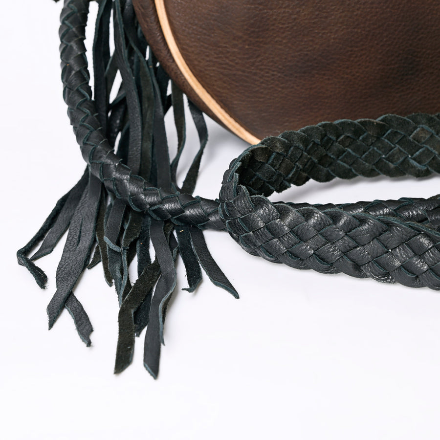 American Darling Canteen Bag Western Genuine Leather Handcrafted Round Purse with Fringes and Turquoise Stone