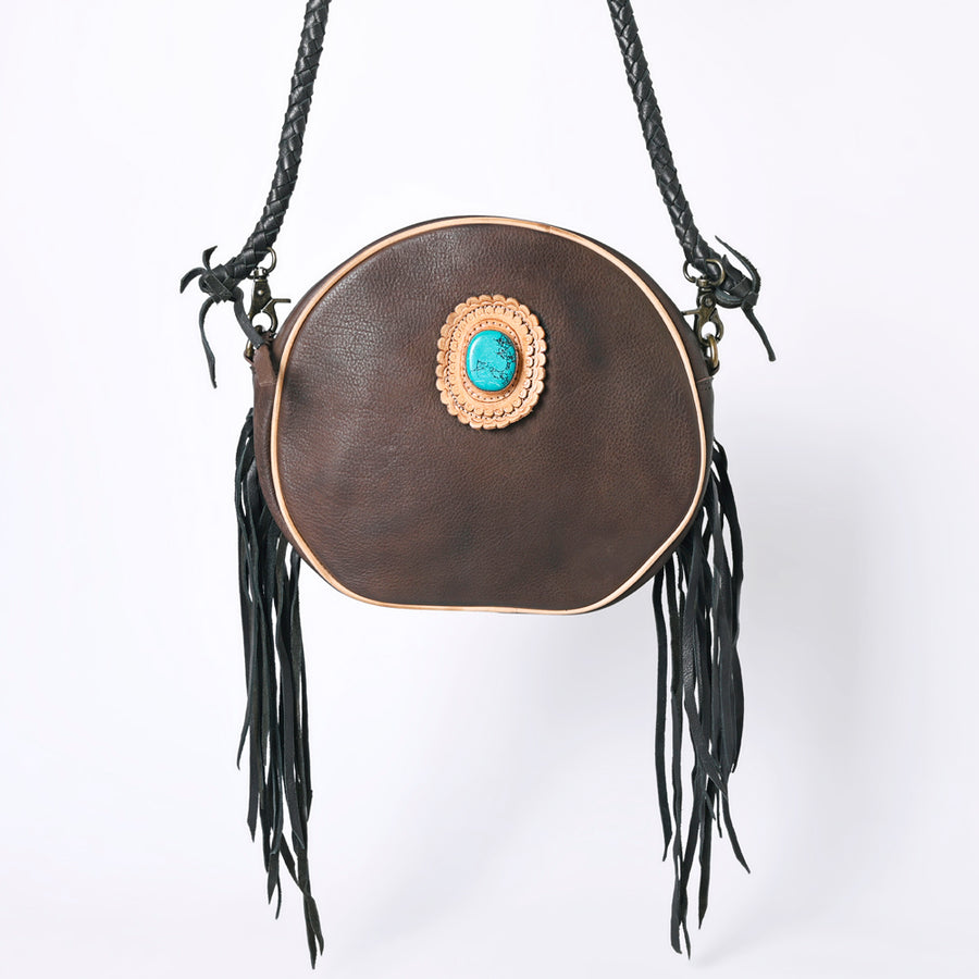 American Darling Canteen Bag Western Genuine Leather Handcrafted Round Purse with Fringes and Turquoise Stone