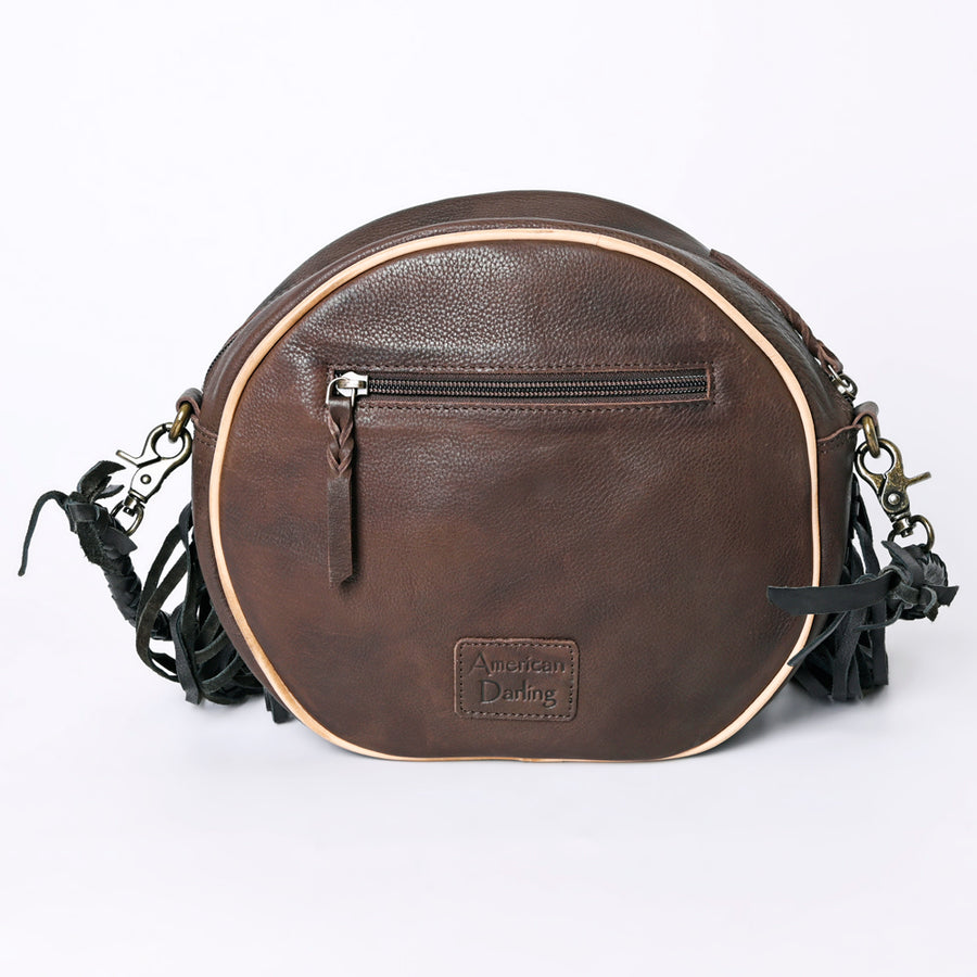 American Darling Canteen Bag Western Genuine Leather Handcrafted Round Purse with Fringes and Turquoise Stone