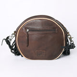 American Darling Canteen Bag Western Genuine Leather Handcrafted Round Purse with Fringes and Turquoise Stone