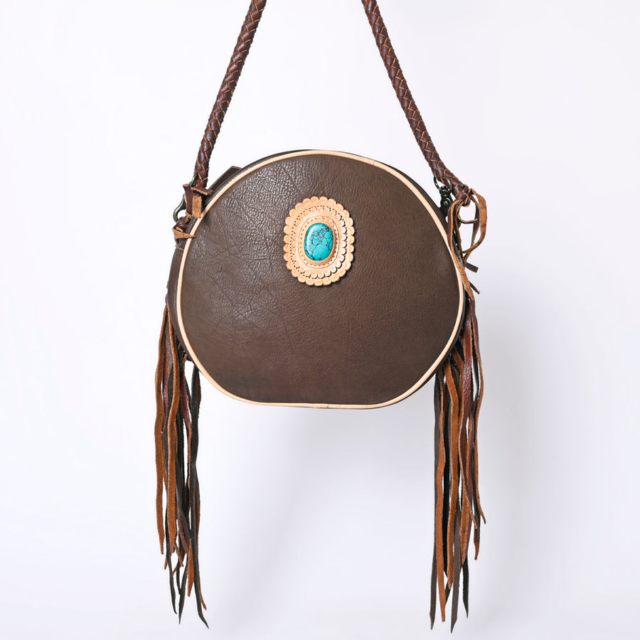American Darling Canteen Bag Western Genuine Leather Handcrafted Round Purse with Fringes and Turquoise Stone