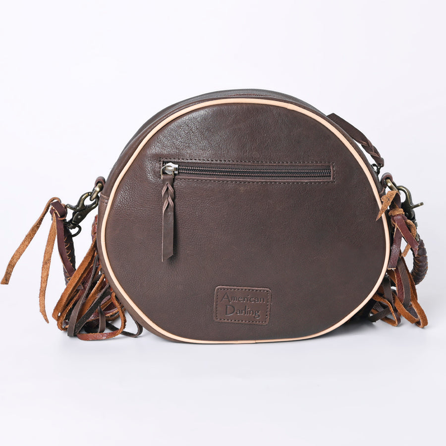 American Darling Canteen Bag Western Genuine Leather Handcrafted Round Purse with Fringes and Turquoise Stone