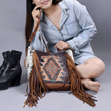 American Darling Women’s Hand-Tooled Hair-On Cowhide Western Leather Fringe Crossbody Bag 14in (H) X 12in (W) X 3in (D)