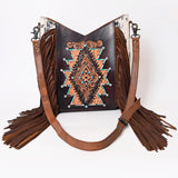 American Darling Women’s Hand-Tooled Hair-On Cowhide Western Leather Fringe Crossbody Bag 14in (H) X 12in (W) X 3in (D)