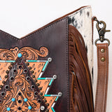 American Darling Women’s Hand-Tooled Hair-On Cowhide Western Leather Fringe Crossbody Bag 14in (H) X 12in (W) X 3in (D)