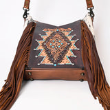 American Darling Women’s Hand-Tooled Hair-On Cowhide Western Leather Fringe Crossbody Bag 14in (H) X 12in (W) X 3in (D)