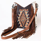 American Darling Hand-Tooled Hair-On Cowhide Western Leather Fringe Crossbody Bag - Uhorse