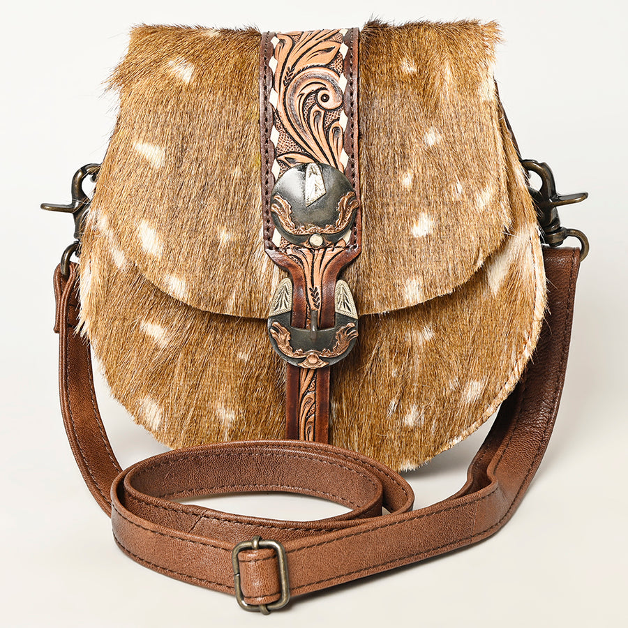 American Darling Hair-on and Hand-Tooled Genuine Leather Western Crossbody Bag with Adjustable Strap 7in (H) X 8in (W) X 3in (D)