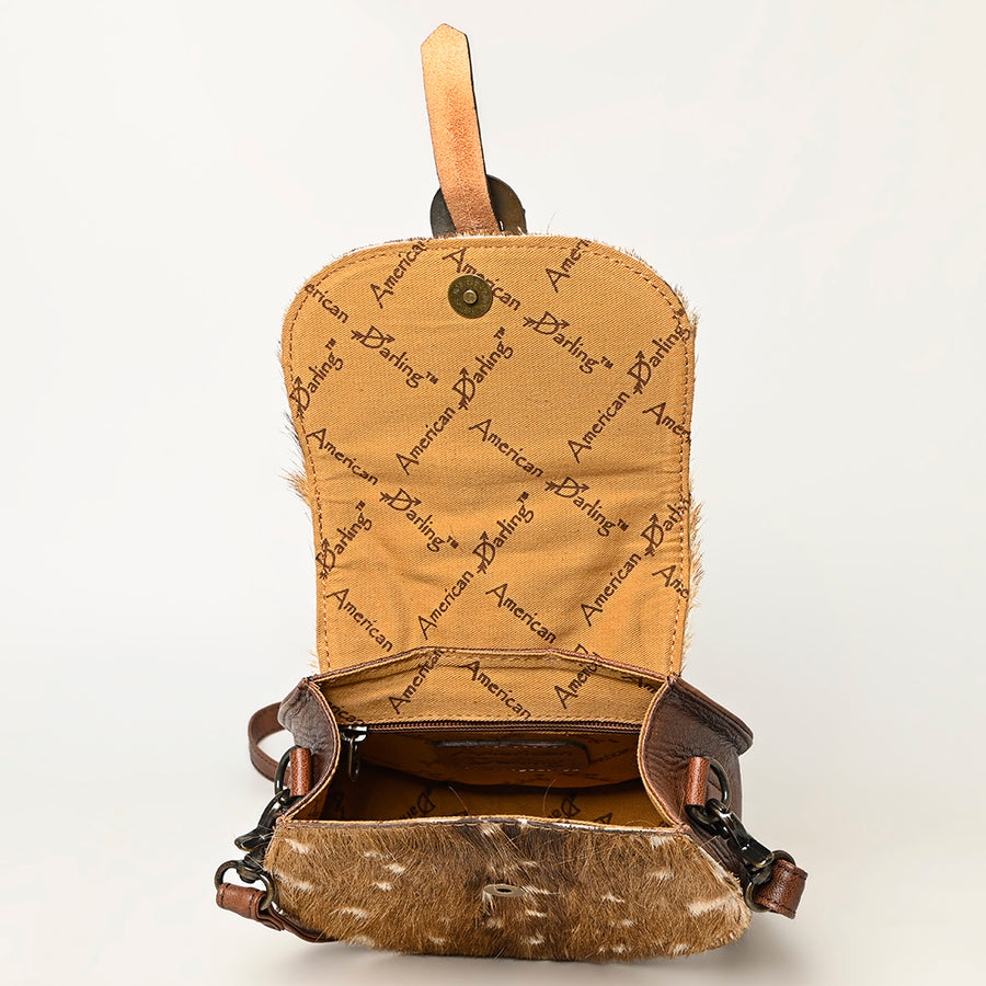 American Darling Hair-on and Hand-Tooled Genuine Leather Western Crossbody Bag with Adjustable Strap 7in (H) X 8in (W) X 3in (D)