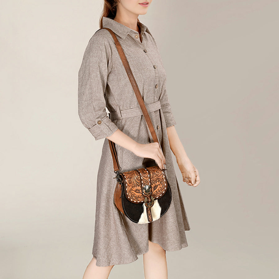 American Darling Hair-on and Hand-Tooled Genuine Leather Western Crossbody Bag with Adjustable Strap 7in (H) X 8in (W) X 3in (D)
