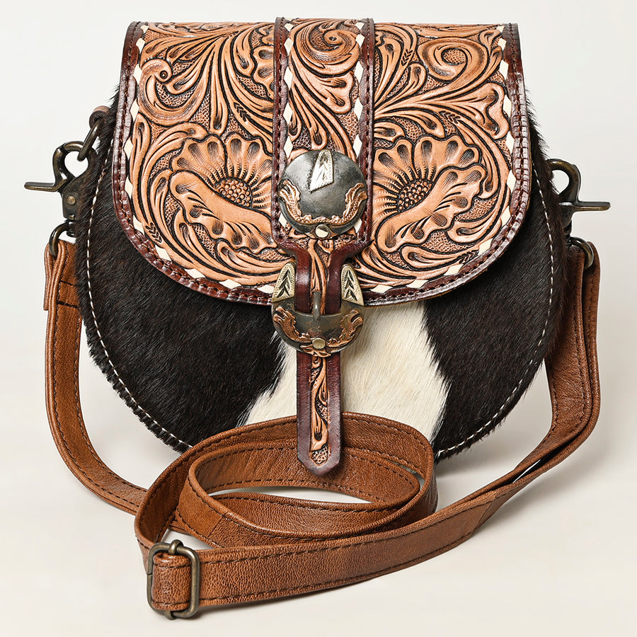 American Darling Hair-on and Hand-Tooled Genuine Leather Western Crossbody Bag with Adjustable Strap 7in (H) X 8in (W) X 3in (D)