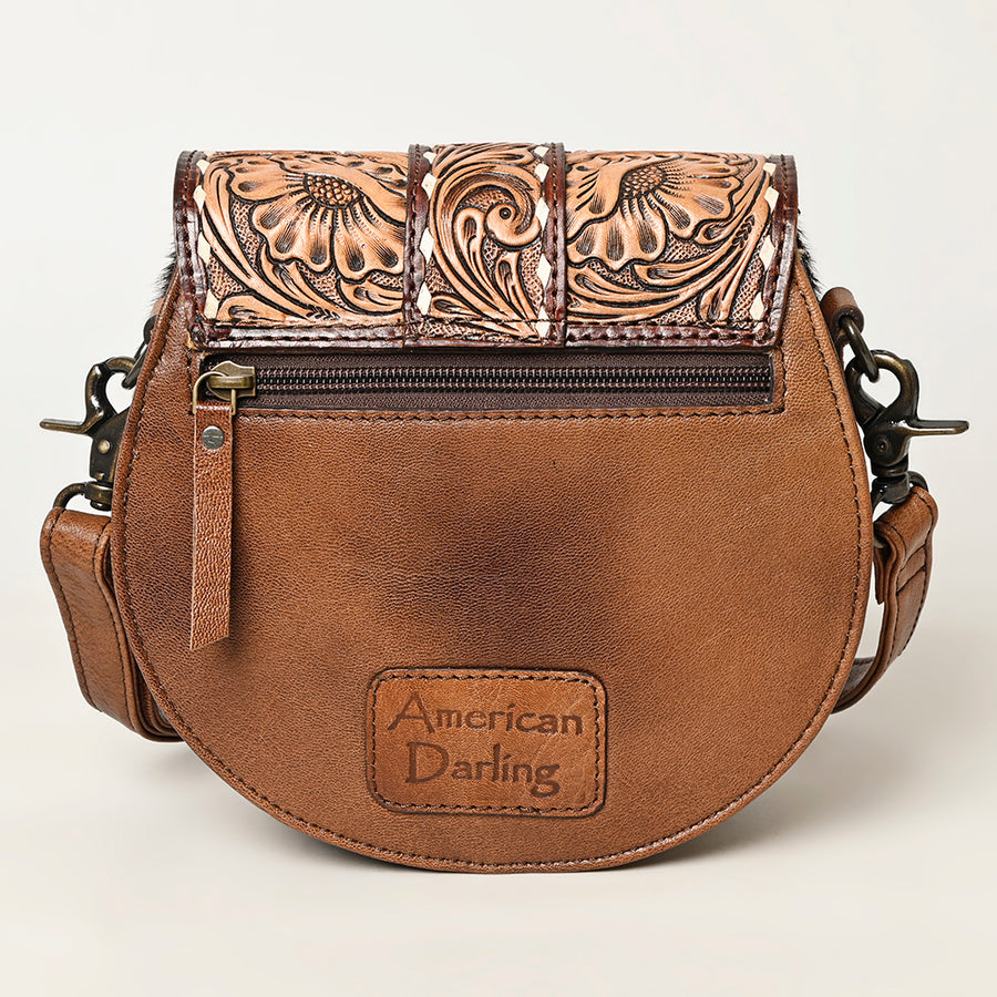 American Darling Hair-on and Hand-Tooled Genuine Leather Western Crossbody Bag with Adjustable Strap 7in (H) X 8in (W) X 3in (D)