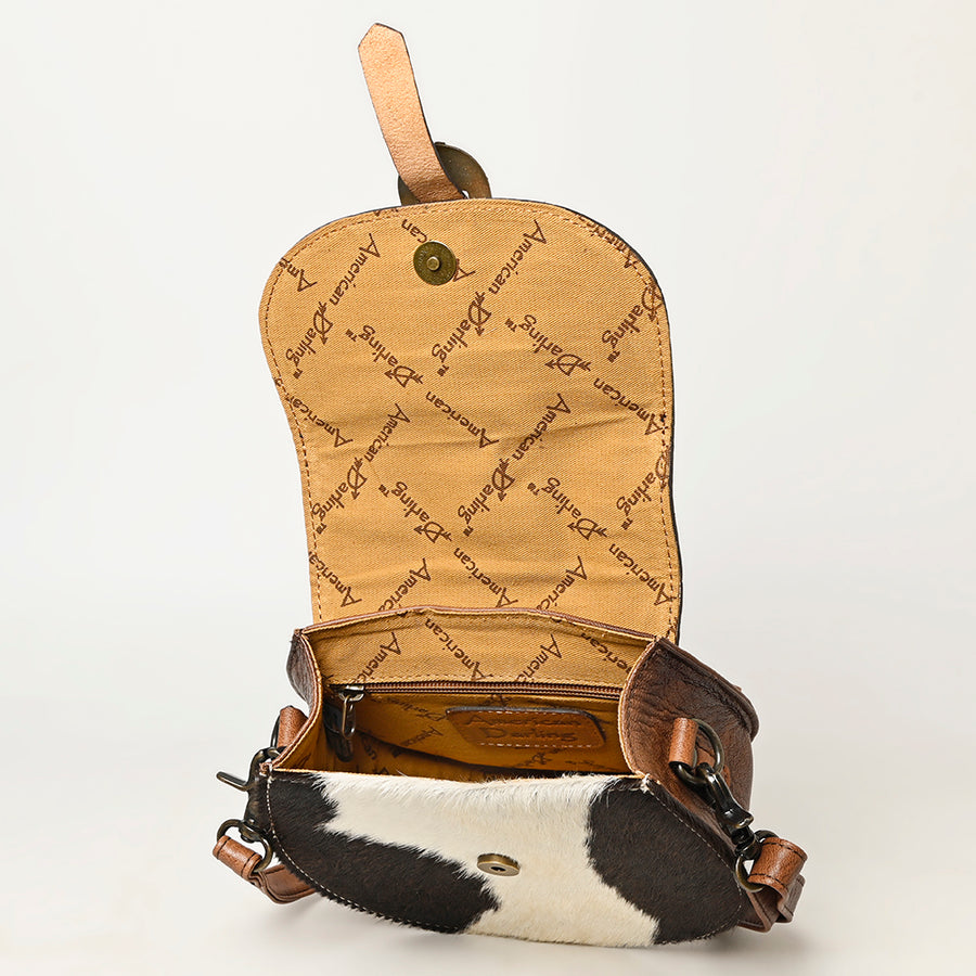 American Darling Hair-on and Hand-Tooled Genuine Leather Western Crossbody Bag with Adjustable Strap 7in (H) X 8in (W) X 3in (D)