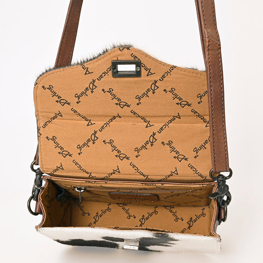 American Darling Hair-On Cowhide Genuine Leather Western Crossbody Bag with Interior Pockets 6in (H) X 9in (W) X 2.5in (D)