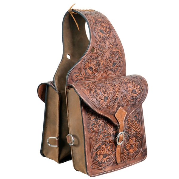 HILASON Western Horse Floral Tooled Leather Saddle Bag Heavyduty Traditional Trail Ride Oiled Tan - Uhorse