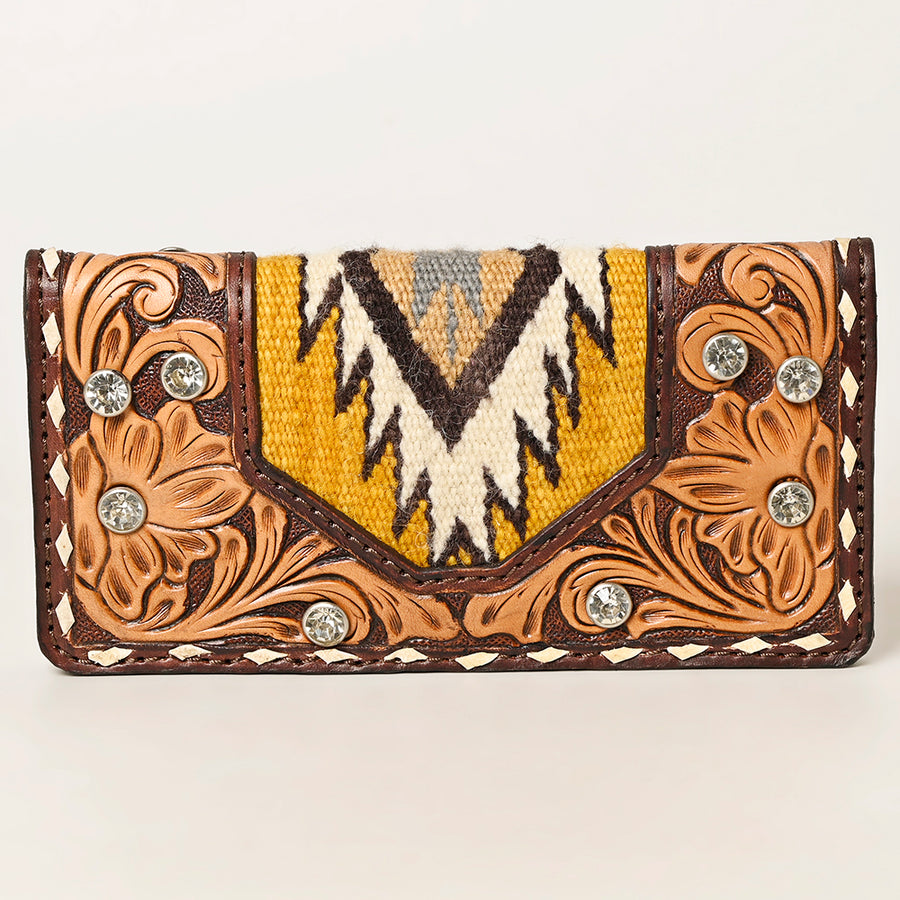 American Darling Hand-Tooled Genuine Leather Wallet Bag with Woven Saddle Blanket Panel 4.5in (H) X 8in (W)