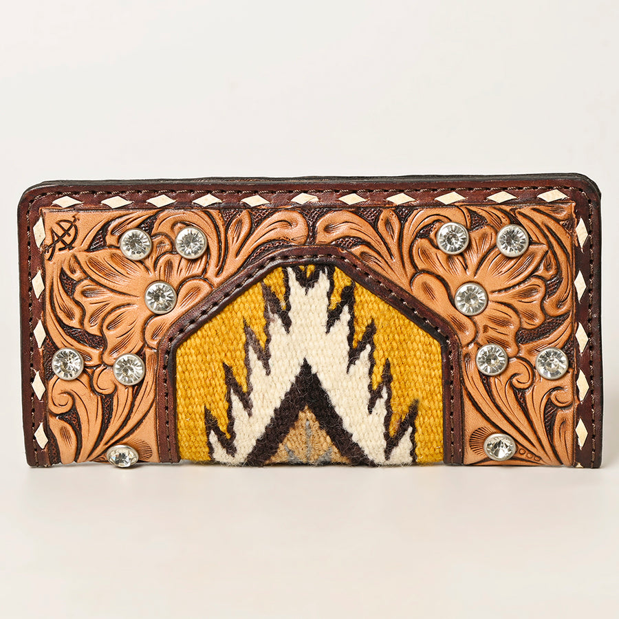American Darling Hand-Tooled Genuine Leather Wallet Bag with Woven Saddle Blanket Panel 4.5in (H) X 8in (W)