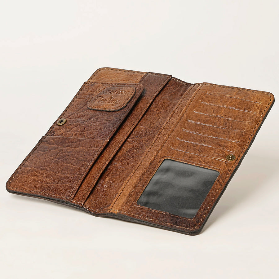 American Darling Hand-Tooled Genuine Leather Wallet Bag with Woven Saddle Blanket Panel 4.5in (H) X 8in (W)