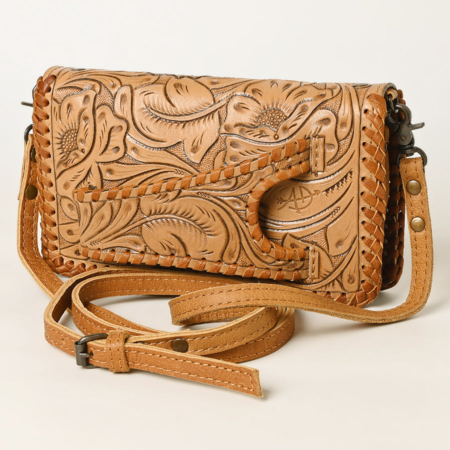 American Darling Western Hand-Tooled Leather Clutch Bag with Floral Carving - Uhorse