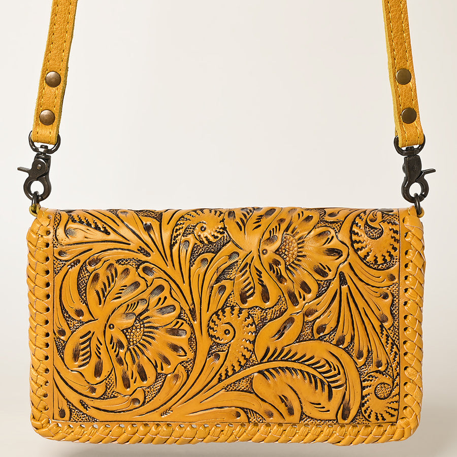 American Darling Western Hand-Tooled Leather Clutch Bag with Floral Carving and Premium Genuine Leather