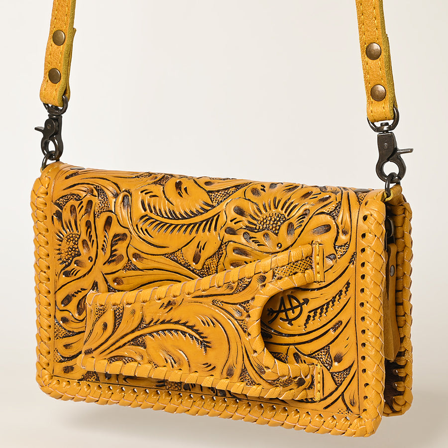 American Darling Western Hand-Tooled Leather Clutch Bag with Floral Carving - Uhorse