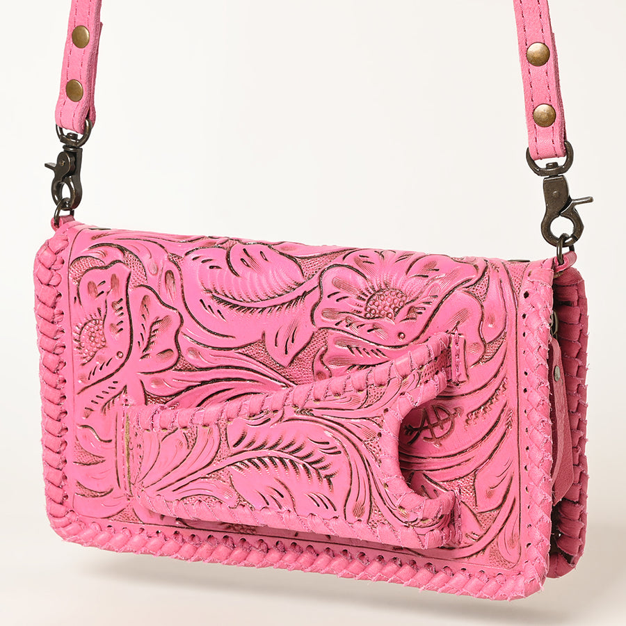 American Darling Western Hand-Tooled Leather Clutch Bag - Pink Floral Carved Crossbody - Uhorse
