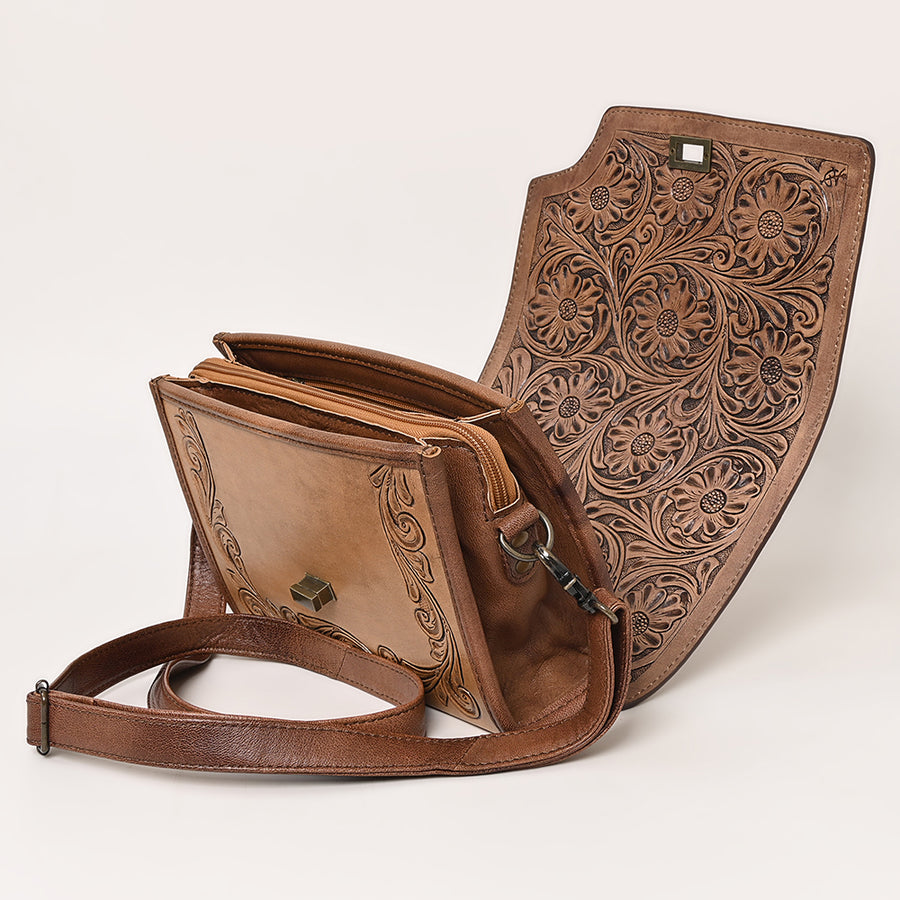American Darling Western Crossbody Bag, Hand Tooled Floral Carved Genuine Leather Purse, Everyday Shoulder Bag