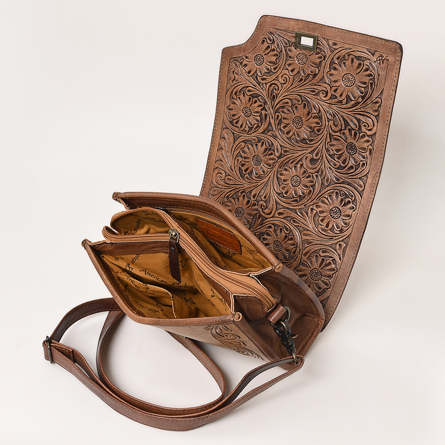 American Darling Western Crossbody Bag, Hand Tooled Floral Carved Genuine Leather Purse, Everyday Shoulder Bag
