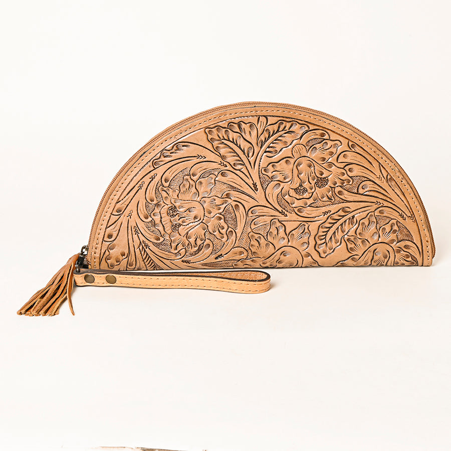 American Darling Western Hand-Tooled Leather Taco Bag for Women – Genuine Floral Carved Wristlet with Fringe Details